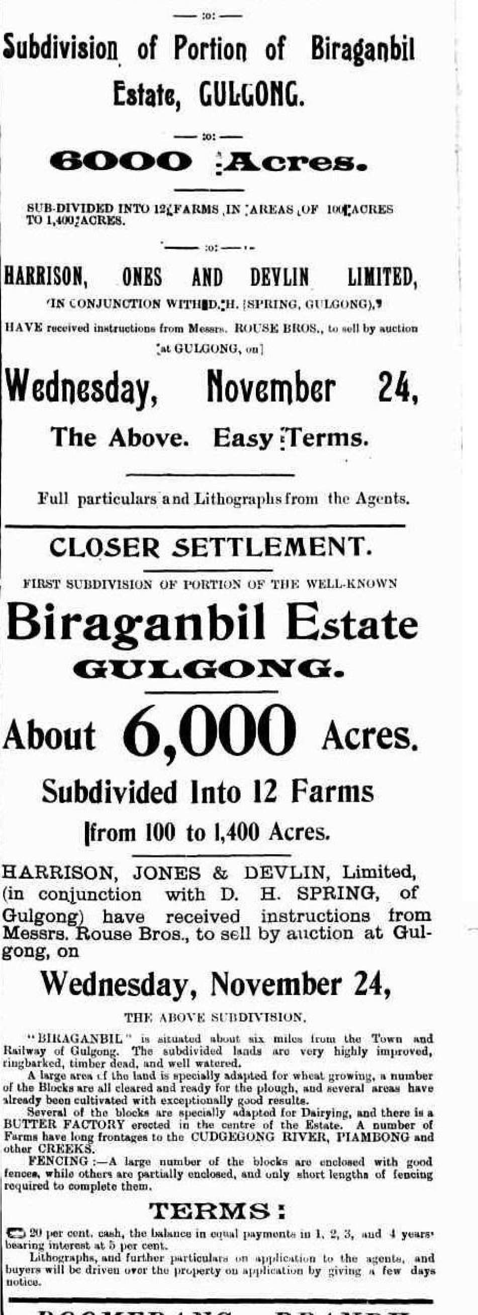 Biraganbil sale Mudgee Guardian 2 November 1909, page 4