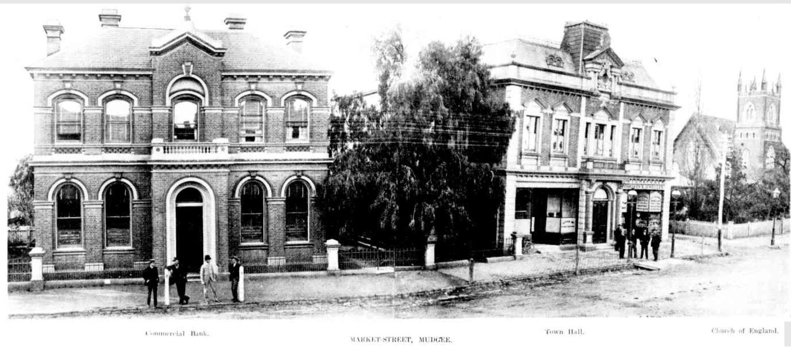 View of Market Street Mudgee 1907 showing CBC Bank, Town Hall & St John Church of England http://nla.gov.au/nla.news-article163988411