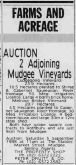 Cudgegon Vineyard and Melrose Bridge Vineyard sale advert 1998