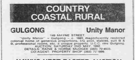 Unity Manor Gulgong auction notice 1992