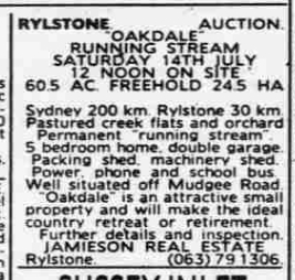 Oakdale, Running Stream, auction notice 1990