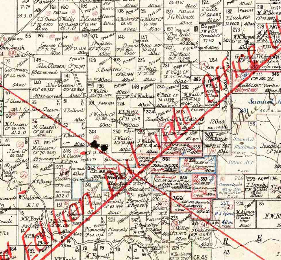 Map showing land selected for Cooyal School site on corner J Walsh's Portion 196, Parish Bayly, County Phillip.